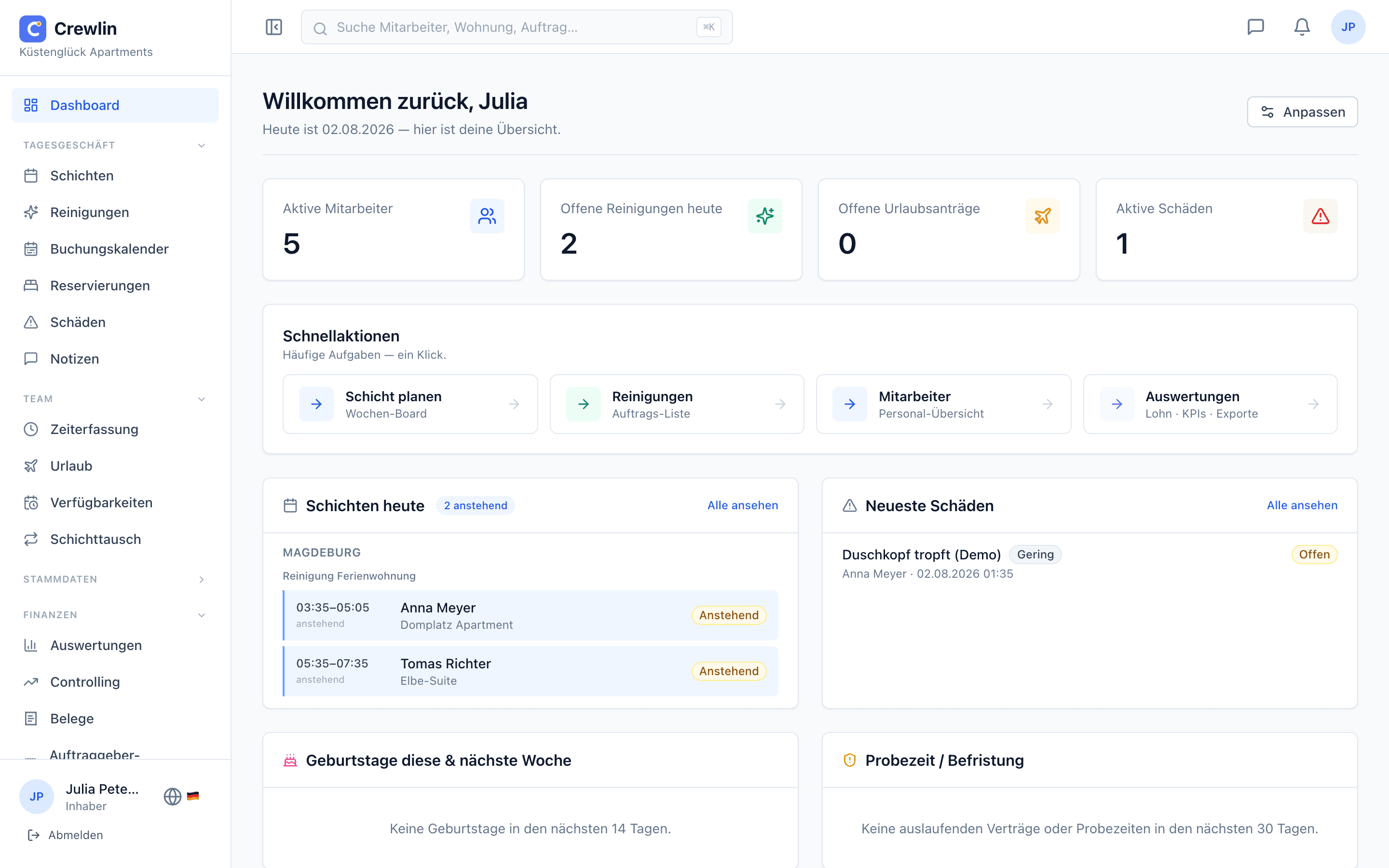 Crewlin Dashboard — Küstenglück Apartments (Demo)